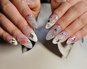 Free Style blush glänzender Stern y2k Nagelpresse auf, künstliche Nägel, glitzernder Glanz, handgefertigte Luxusnägel