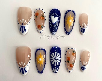 Boho Patch work French Tip Nail , Porcelain Pattern Talavera handpainted press on nails, Heart and orange free style holiday Gifts for Her