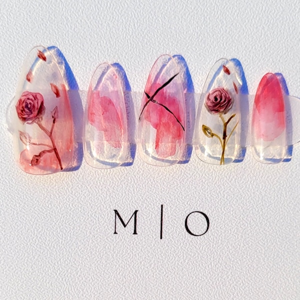 Water color Red Rose Flower art nail, premium salon Press on Nail, Handmade gel Nails, hand painted