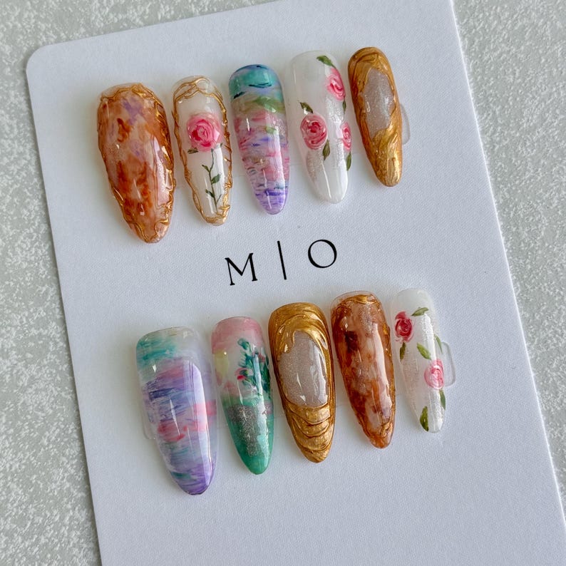 Oil Painting Floral Romantic Art Press On Nails, Hand-painted rose nail art, vintage gold frame nails, abstract watercolor design, MO489 image 3