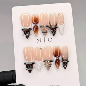 3D Bangle Press On Nails, Sculpted Ring Detail Fake Nails, Brown and Turquoise Gel Nails, 3D Metal Punk Gothic Nails, MO1099