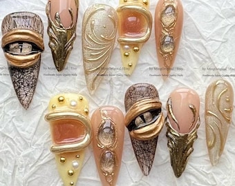 Halloween Dragon Eye Nails, Handmade 3D Monster Eye Bronze Claw Press On Nails, Gothic Fantasy Fake Nails, MO1224