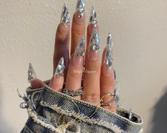 Silver crystal glittery Nail press on, Fake nails, ombre nail, Handmade Gel Nails, jelly Nails