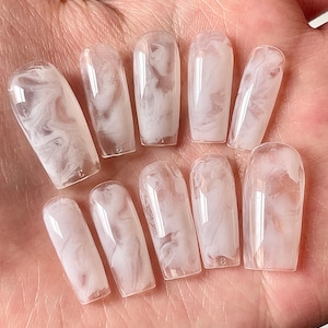 Milky white water blooming Press on Nails, Builder Gel handmade Nails, Jelly Nails