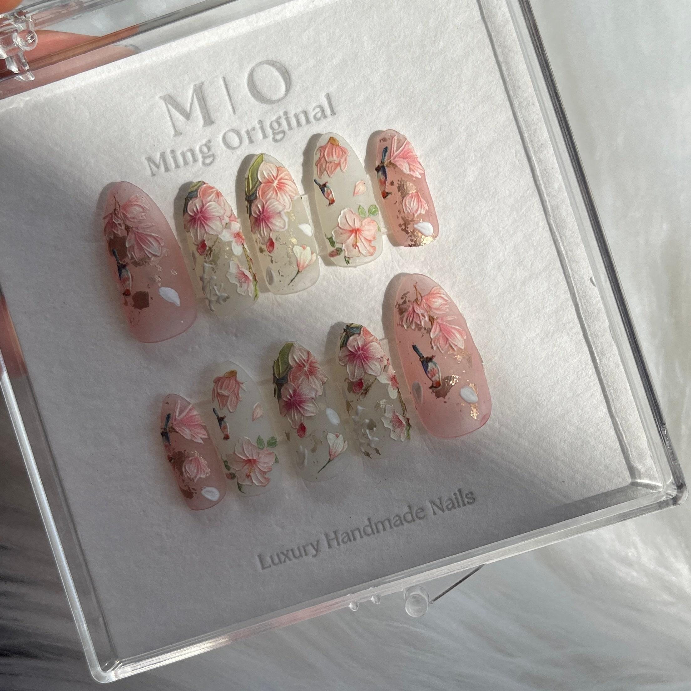 Uñas reutilizables con forma de flor de sakura rosa, uñas de pájaro, uñas postizas de primera calidad, uñas postizas, uñas postizas de artista de uñas, uñas de gel hechas a mano, uñas mate