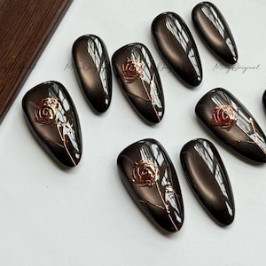 Gold rose embedded press on nails, black cat eye red rose gold chrome nails, elegant art nail, floral design, gift for mother, MO555