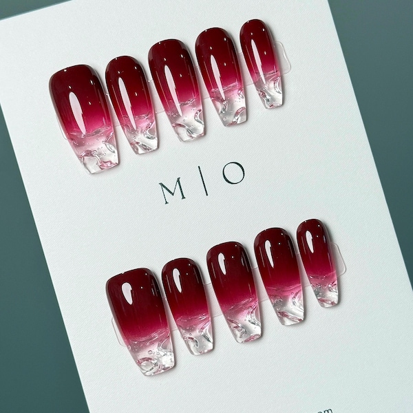 Water ingekapseld rood ombre verloop vervaagd helder pers op nagels, transparante puntnagel, 3D-nepnagels, exclusieve editie, cadeau voor haar, MO570