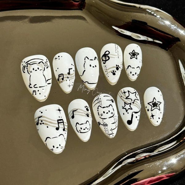 Uñas postizas con diseño de gatito rockero, diseño personalizado hecho a mano, ideal para amantes de los gatitos, regalo para ella, MO246