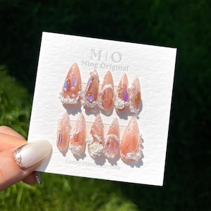 Uñas reutilizables pintadas con flores blancas y brillantes de color rosa, uñas postizas de primera calidad, uñas postizas, uñas postizas de artistas de uñas, uñas de gel hechas a mano