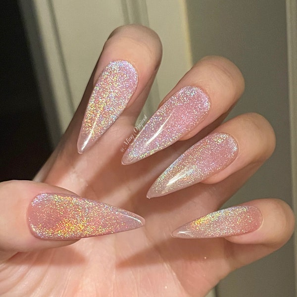 Universal Rainbow Cat Eye Nails Holographic Magnetic Cotton Candy press on nails, reuse nails, jelly fake nail, sparkly Christmas nail