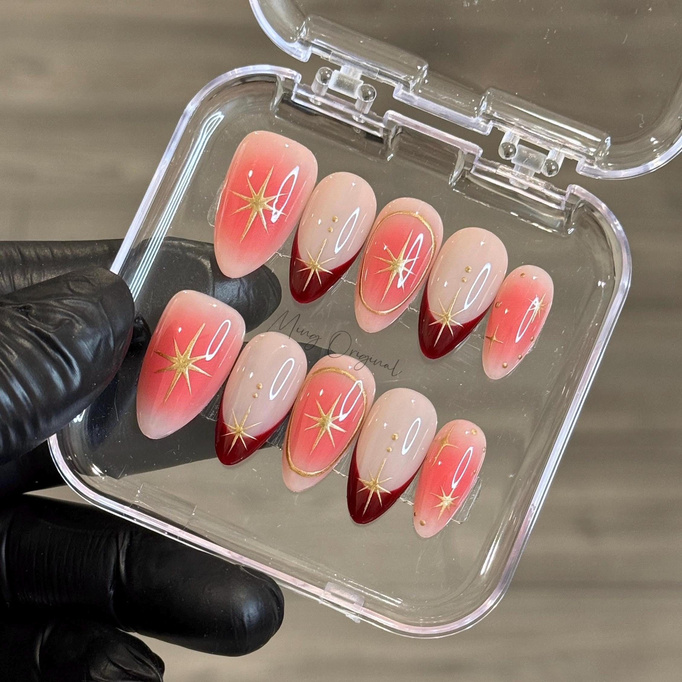 Simple pink blush Press on Nails, gold chrome star red French tip handmade Nails, valentine new year gift for her,MO384