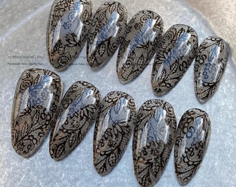 Black lace flower press on nail, wedding nail, glue on nail, reuse nail, fake nail, holiday trending nail, MO1226
