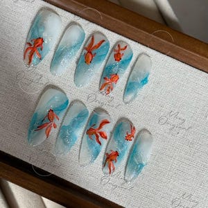 Koi Fish Press On Nails, Hand-painted water color goldfish nail art, reusable summer blue water swirl aquarium 3D nails,Vacation gift MO488