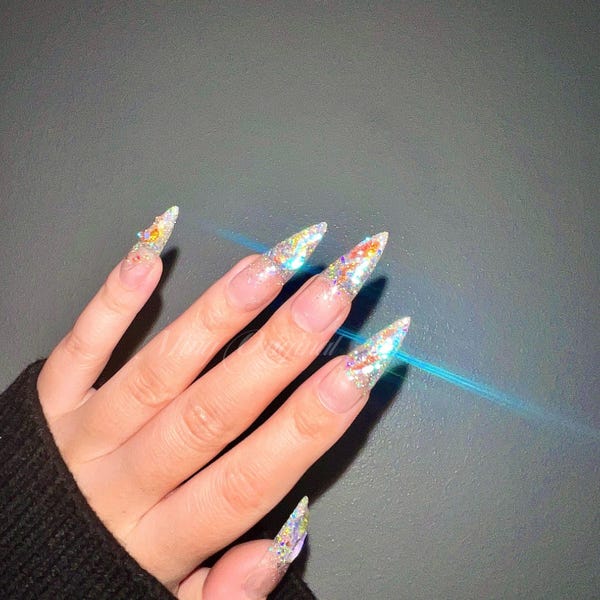 Uñas postizas Aurora con 3 gemas de cristal súper brillantes, uñas postizas, uñas Aura ombré, uñas de gel hechas a mano, uñas de gelatina