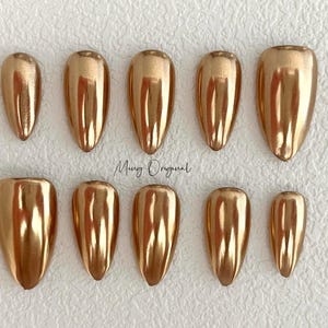 Gold Mirror Chrome Press on Nails, Classy gold hand painted fake Nails, glue on nail, holiday birthday gift for her MO409