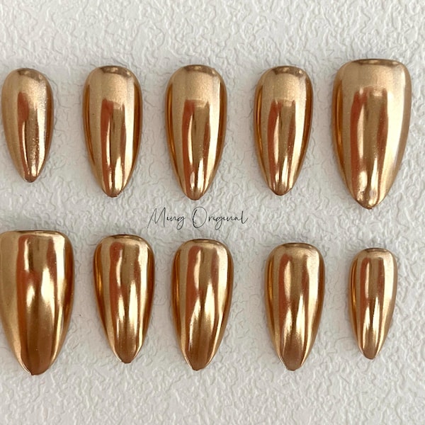 Presse chromée miroir dorée sur les ongles, faux ongles peints à la main en or chic, colle sur l'ongle, cadeau d'anniversaire de vacances pour elle MO409