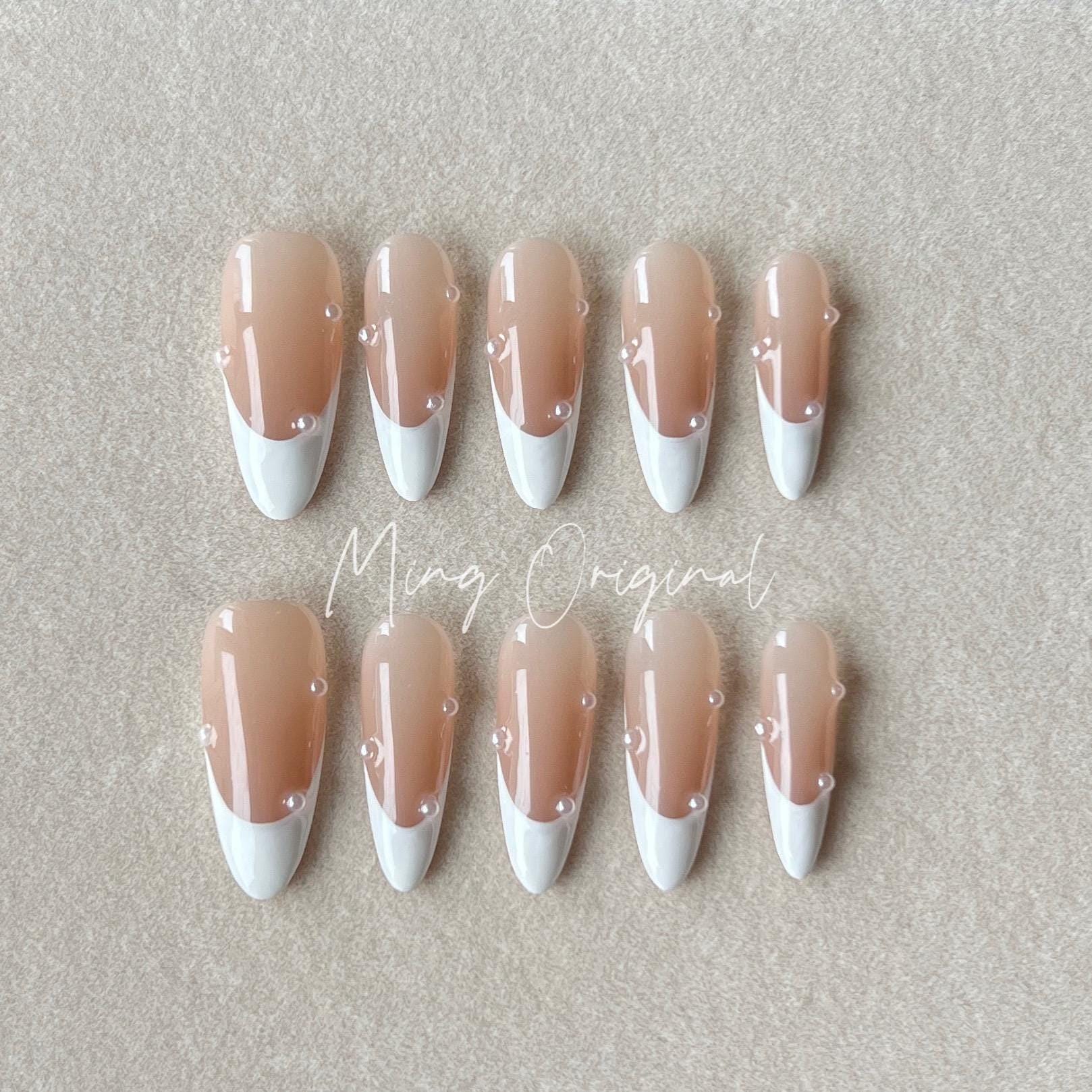 Pearl French Tip Press on Nails, Classic White French Tip Glue on