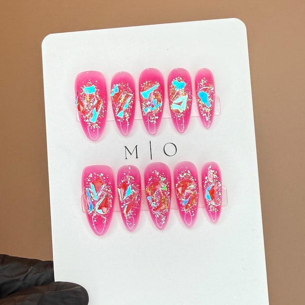 Super glitter 4 Aurora edelsteenkristal Nagelpers erop, felroze nepnagels, aura ombre-nagel, handgemaakte gelnagels, gelei-nagels