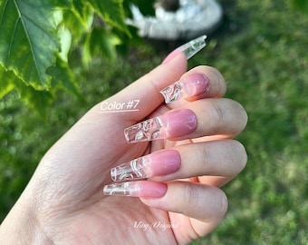 Uñas postizas transparentes con degradado ombré encapsulado en agua, uñas con punta transparente, uñas postizas 3D de color rosa suave
