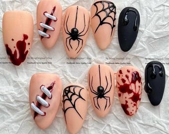 Handmade Halloween Press On Nails, Spooky Spider Web Fake Nails, Blood Drip Gothic Glue On Nails, Horror Stitch Relief False Nails,MO1232