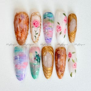 Oil Painting Floral Romantic Art Press On Nails, Hand-painted rose nail art, vintage gold frame nails, abstract watercolor design, MO489 image 6