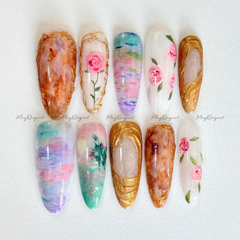 Oil Painting Floral Romantic Art Press On Nails, Hand-painted rose nail art, vintage gold frame nails, abstract watercolor design, MO489 image 6