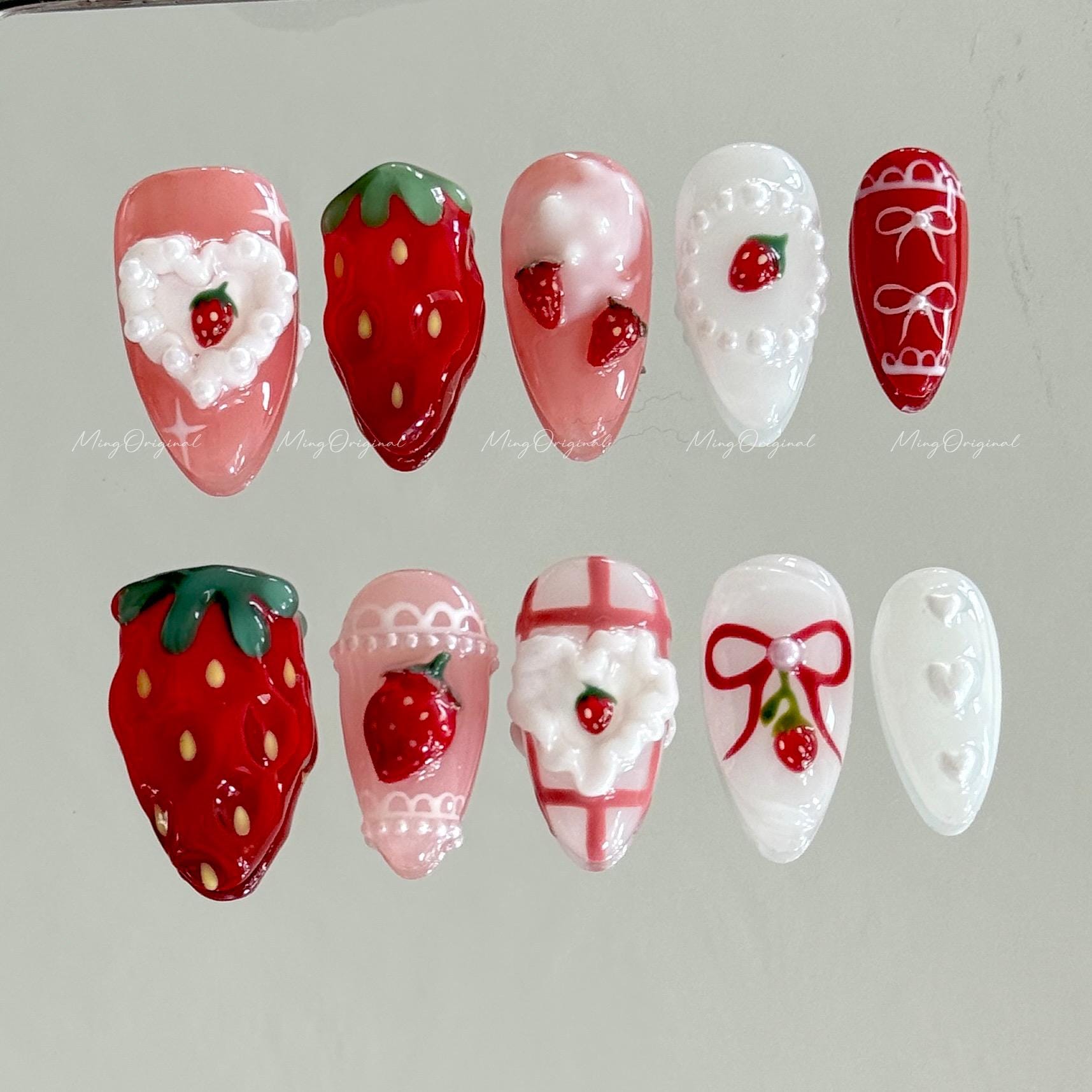Strawberry Cake Press on Nails, Whipped Cream Mini Strawberries, Red Jelly Base, 3D Sweet Deco Nail Art, Fruit Lover Birthday gift, MO603
