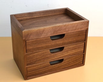 Rangement de bureau en noyer noir, bois massif, poignée à rainure, conteneur en bois, boîte à stylos Classic 3 tiroirs Stylo Boîte de rangement