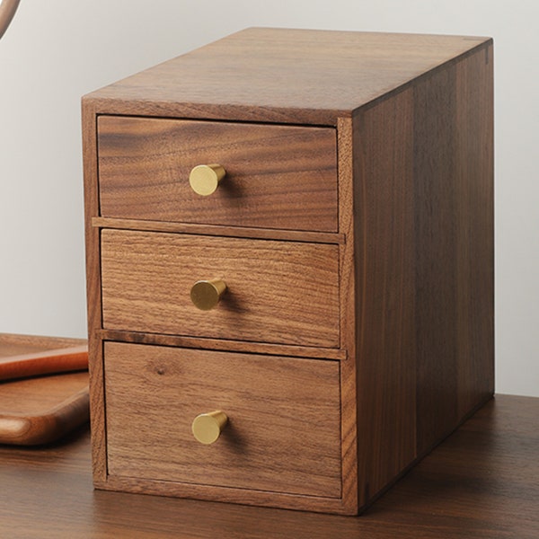 Black Walnut Three-drawer Storage Box, Classified Storage,Brass Handle, Wooden Office Drawer Box, Desk Accessories, Drawer Organizer