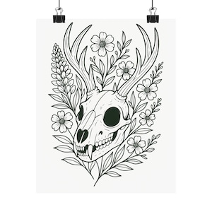 Jackalope Skull Art Print: Gothic Texas Wildflower Botanical Decor