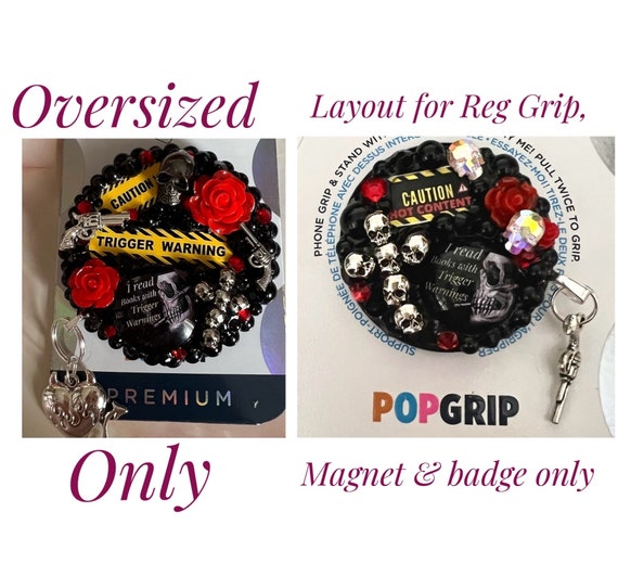 Dark Romance Phone Grip: Trigger Warning, Skulls, Roses, Bling, Handmade