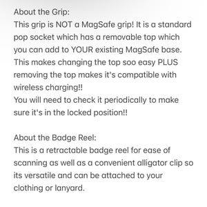 K&ouml;nnte beinhalten: Text, der die Funktionen eines Handygriffs und eines einziehbaren Ausweishalters erkl&auml;rt. Der Griff ist ein Standard-Pop-Socket mit einem abnehmbaren Oberteil, das an eine MagSafe-Basis angebracht werden kann. Der Ausweishalter ist einziehbar und verf&uuml;gt &uuml;ber einen Alligatorclip zum Befestigen an Kleidung oder einem Lanyard.