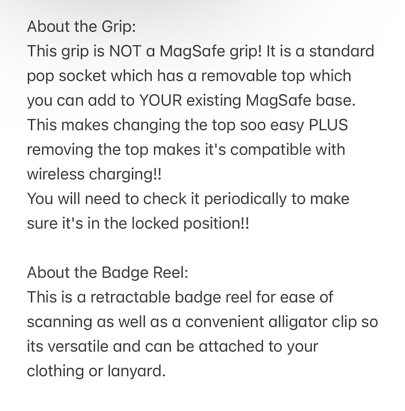 K&ouml;nnte beinhalten: Text, der die Funktionen eines Handygriffs und eines einziehbaren Ausweishalters erkl&auml;rt. Der Griff ist ein Standard-Pop-Socket mit einem abnehmbaren Oberteil, das an eine MagSafe-Basis angebracht werden kann. Der Ausweishalter ist einziehbar und verf&uuml;gt &uuml;ber einen Alligatorclip zum Befestigen an Kleidung oder einem Lanyard.