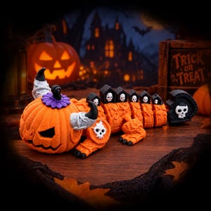May include: An articulated orange pumpkin creature figurine with a carved jack-o'-lantern head, black horns, and a purple flower accent. The body features segmented orange sections with small black house-shaped details containing white skulls.