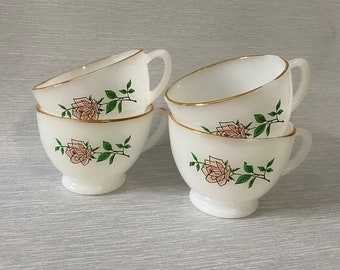 Set of 4 Rare Vintage Anchor Hocking Fire King Milk Glass Gold Rimmed Teacups Anniversary Rose