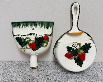 Strawberry Themed Vintage Ceramic Dust Pan / Frying Pan Hanging Wall Pocket Planter Set