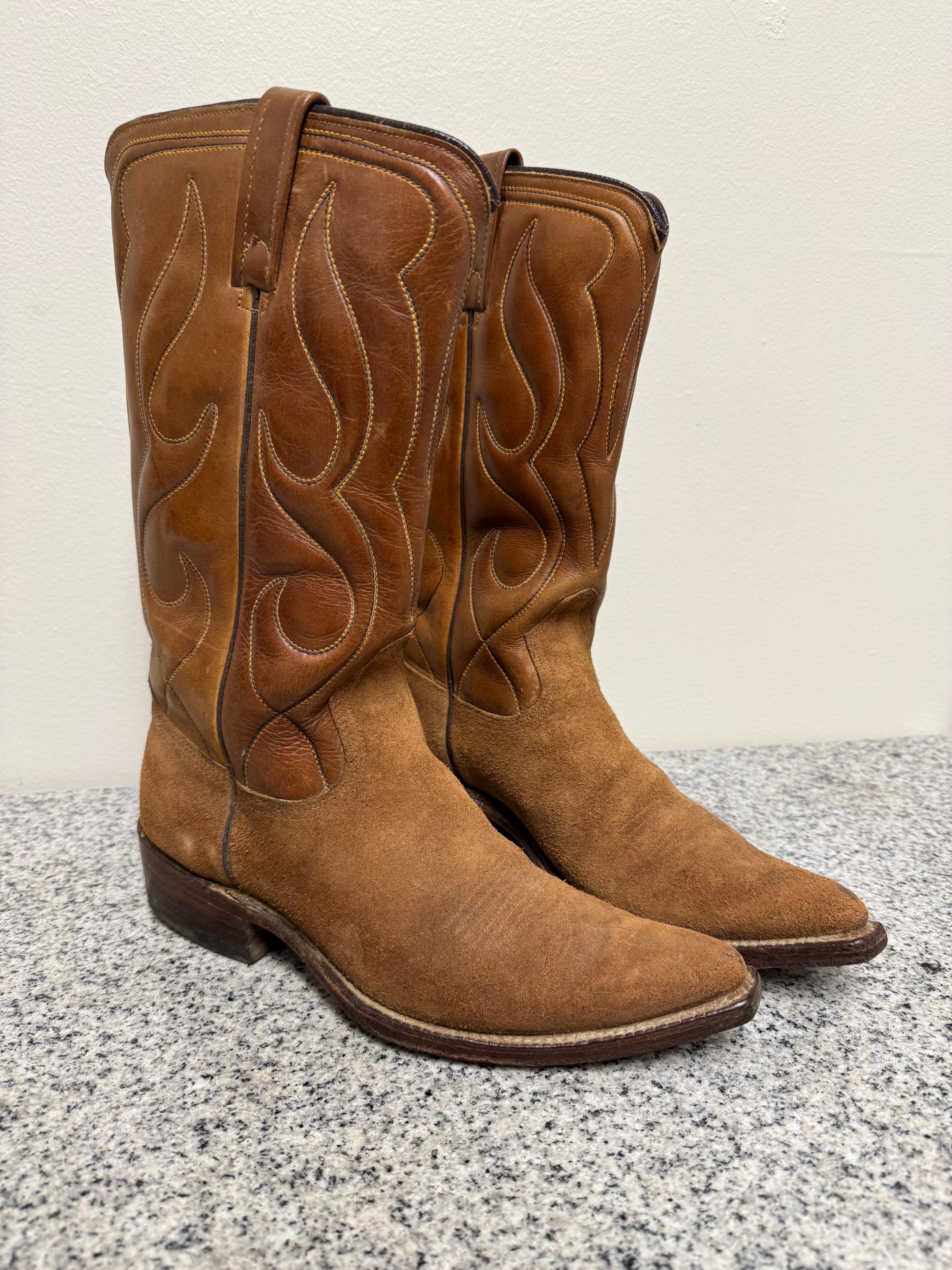 1960’s Women’s Size 7 ACME Vintage Pointed Toe Leather and Suede Flame Cowgirl Western Boots
