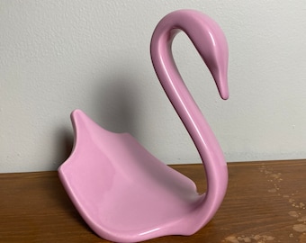 Vintage Mauve Pink Ceramic Pottery Countertop Swan Towel Holder