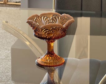 Fenton Vintage Eye and Scroll Cameo Caramel Brown Opalescent Candy Dish Compote