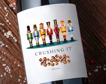 Nutcracker Wine Label, Christmas Office Party Gift, White Elephant Sticker