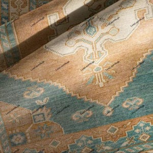 Peut inclure: Gros plan sur un tapis roulé avec un motif détaillé. Le tapis présente une combinaison de couleurs turquoise, beige et crème. Le design comprend des formes géométriques et des motifs floraux, créant une esthétique vintage. Le texte "LuxyLoomRugs" est visible.