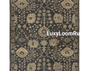 Tapete Oushak Vintage com Estampa Floral Desgastada em Tons de Cinza Escuro, Tapete de Lã Feito à Mão, Tapete para Escritório 9x12, Tapete Turco Grande, Tapete Oriental Feito Sob Encomenda