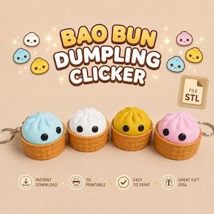 May include: Four bao bun dumpling clicker keychains in light blue, white, yellow, and pink, each seated in a brown woven-style basket base. The text BAO BUN DUMPLING CLICKER appears above, with a file STL icon and four circular icons below.