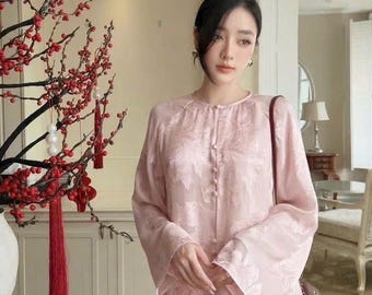 Pink Floral Mondern Loose Fit Ao Ba Ba Set