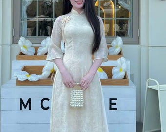 Ivory Butterfly Double Layer Ao Dai Set