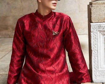 Burgundy  Floral Pattern Men Ao Dai