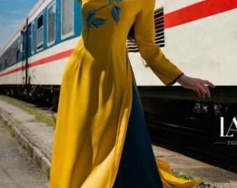 Set Ao Dai Lua Tay Thi Theu - Silk with embroidery  Hydrangea