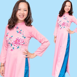 Set Ao Dai Lua Tay Thi - Silk with Embroidered Flowers