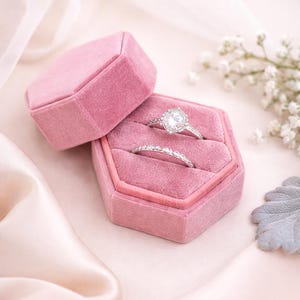 Blossom Velvet Double Ring Box – Pink Hexagon Wedding Ring Box – Engagement & Wedding Ring Holder – Proposal Ring Box – Ring Bearer Box
