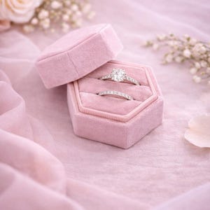 Pink Velvet Ring Box Double | Hexagon Wedding Ring Box | Engagement Ring Box